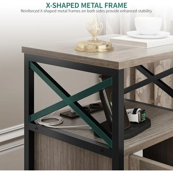 YITAHOME Beistelltisch, Nachttisch mit Kabinett, X-förmiger Couchtisch mit Ladestation, 2 USB-Anschlüssen und Steckdosen, Nachtkommode für Wohnzimmer, Metallrahmen, Schlafzimmer, Metallrahmen, Grau – Bild 5