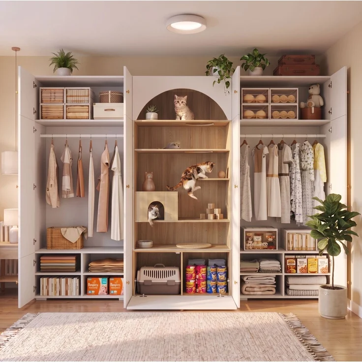 Kleiderschrank 270 x 50 x 200 cm in Weiß und Holzoptik mit Katzenkletterwand und Kleiderstange – Bild 4