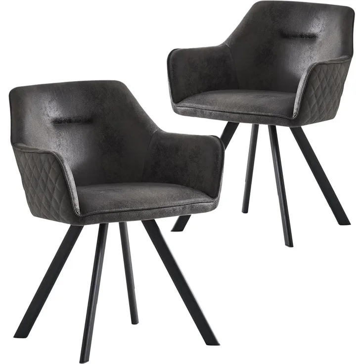 B&D home Esszimmerstühle 2er Set, Polsterstuhl mit Armlehne, Küchenstuhl, Design Stühle Esszimmer, Wohnzimmer, Küche, Metallbeine, Industrial Design, Wildleder Optik Anthrazit