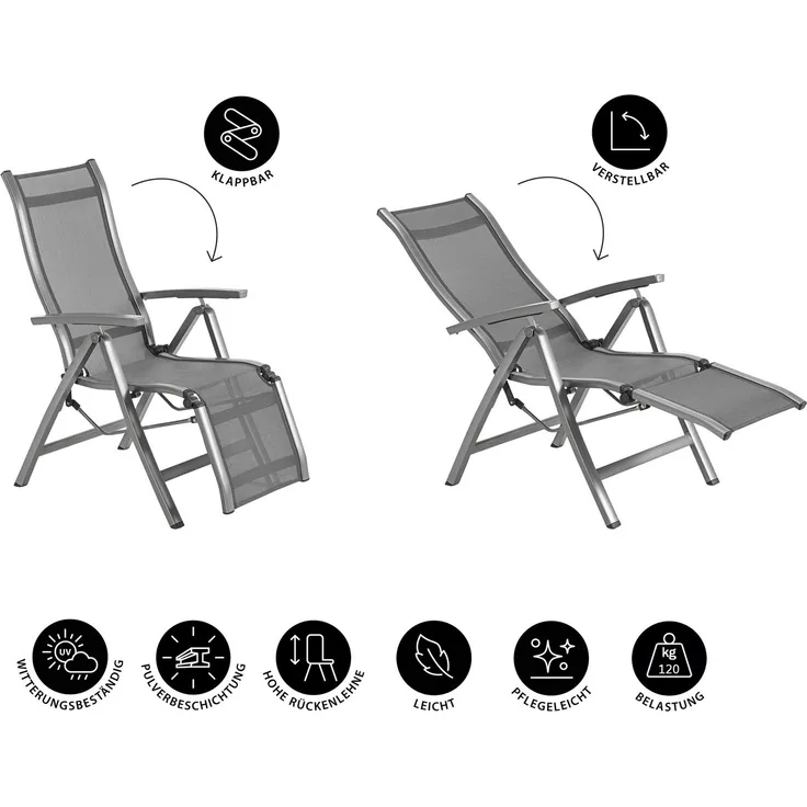 Dehner Gartenstuhl Relaxstuhl Chicago, klappbar, 110 x 69.5 x 63.5 cm, Moderner Relaxstuhl in schlichtem Design mit stabilem Alu-Gestell