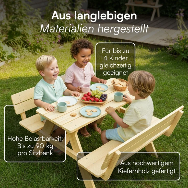 Bellabino 'Inny' Sitzgarnitur für Kinder mit Lehne, Kiefer massiv, natur unbehandelt, 50x102x89 cm, Kindersitzgarnitur für 4 Personen, ab 2 Jahren – Bild 3