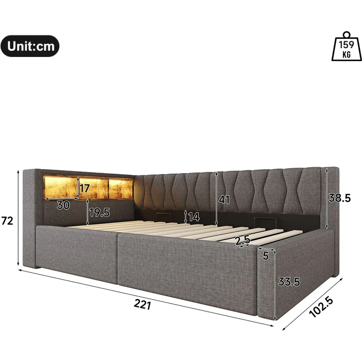 Daybett, Tagesbett, Schlafsofa,90x200cm, Ohne Matratze, Hydraulische Lagerung, mit dimmbarer LED-Leiste, mit praktischem Regal, mit USB-Anschluss, Grau – Bild 7