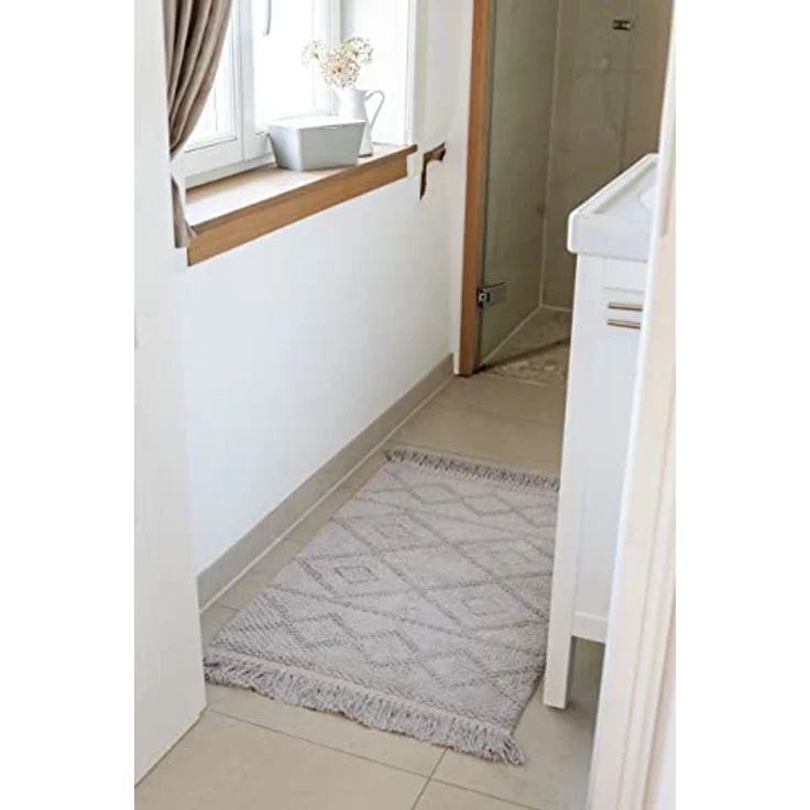 WENKO Badematte Urla Grau, 100 % Bio-Baumwolle, rutschhemmend, 60 x 90 cm, Jacquard-Muster mit Fransen – Bild 8