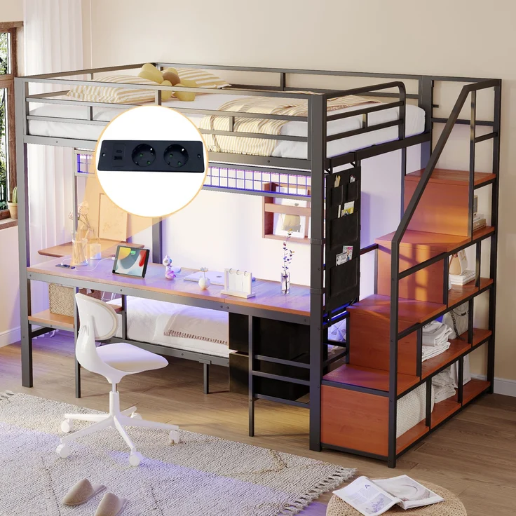 Hochbett Metall/MDF mit Schreibtisch, LED & USB-Anschluss, 140x200/90x200 cm, Schwarz, ohne Matratze – Bild 5