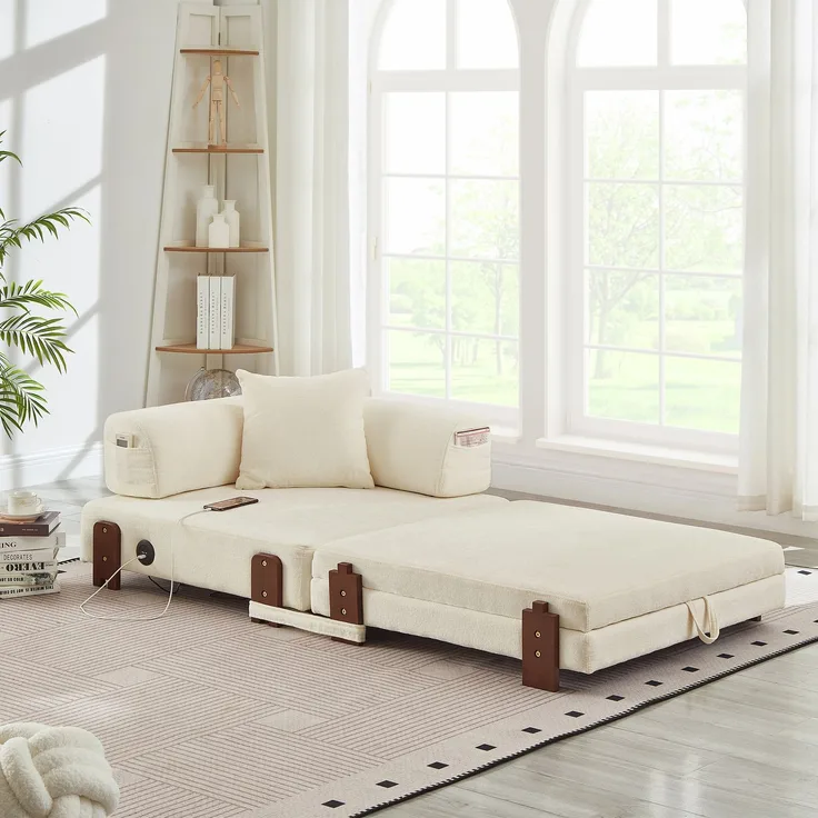 EINHOM 2-in-1 Folding Sofa mit Schlaffunktion & USB/Type C Port & Stauraum, Compact Sofa Bed mit Armrests für Small Spaces, Guest Room & Loft - Beige