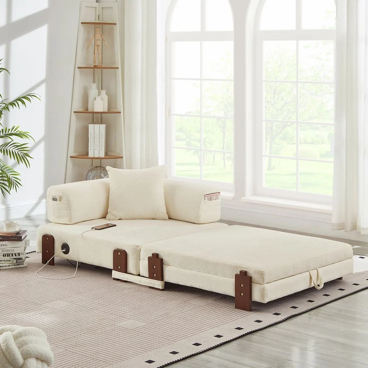 EINHOM 2-in-1 Folding Sofa mit Schlaffunktion & USB/Type C Port & Stauraum, Compact Sofa Bed mit Armrests für Small Spaces, Guest Room & Loft - Beige – Bild 1