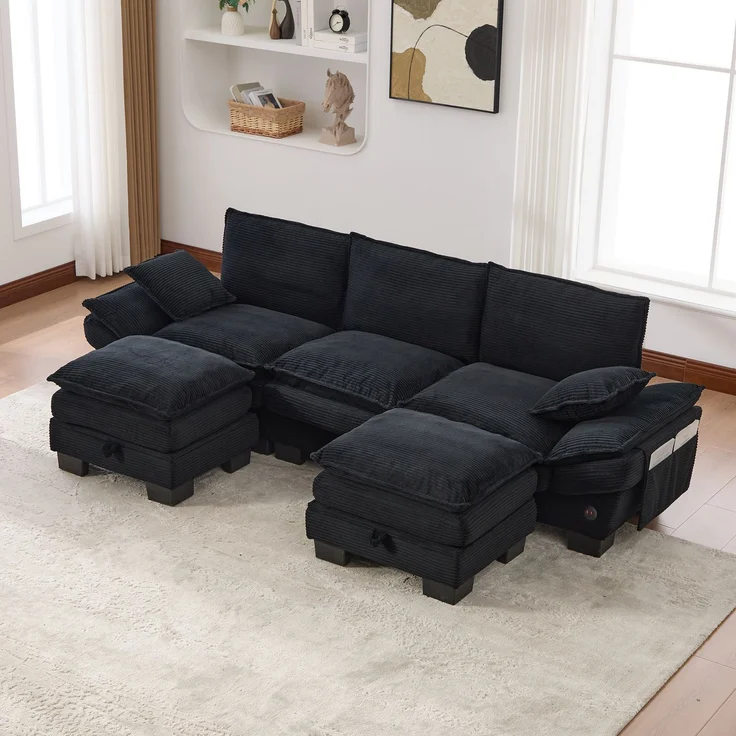EINHOM Modulares 3-Sitzer Cordsofa (mit 2Hocker) – breite Sitzfläche, ergonomisches Design, hochdichte Schaumstoffpolsterung, USB-C-Anschluss und Seitentaschen. Ideal für Wohnzimmer, Büro oder Lounge. Schwarz – Bild 4