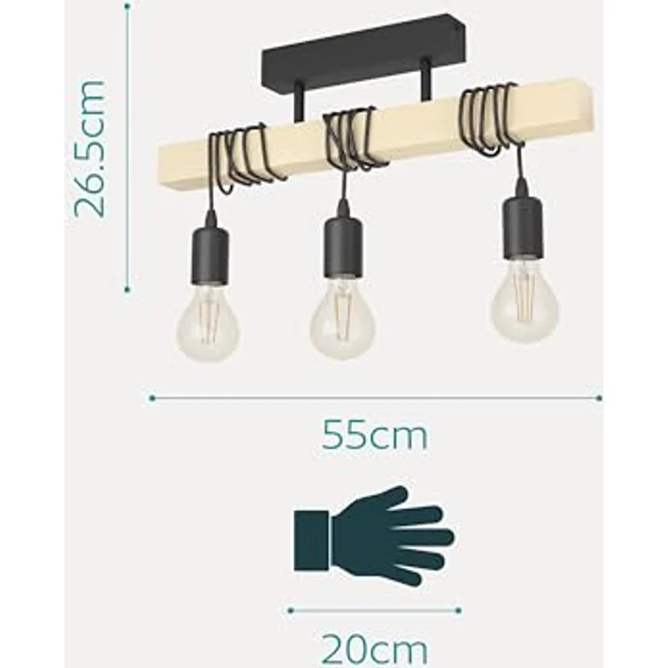 Eglo 32915 Deckenleuchte TOWNSHEND Stahl schwarz, Holz braun E27 3X40W L:55cm B:10,5cm H:26,5cm dimmbar – Bild 6
