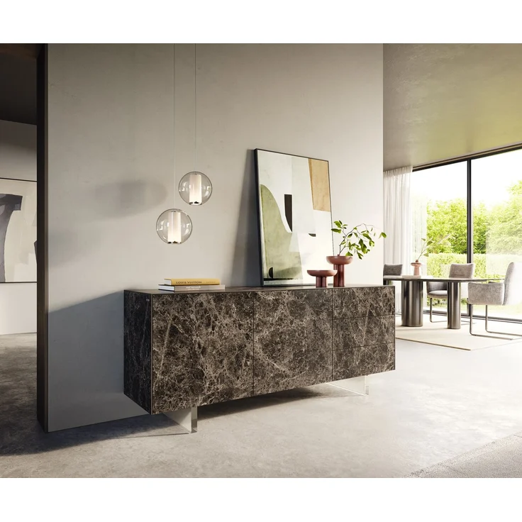 Sideboard Cuor 180 cm Keramik Emperador Extra Lucidato Dunkelbraun 2 Türen 3 Schubfächer Fuß Schwebeoptik Acrylglas – Bild 1