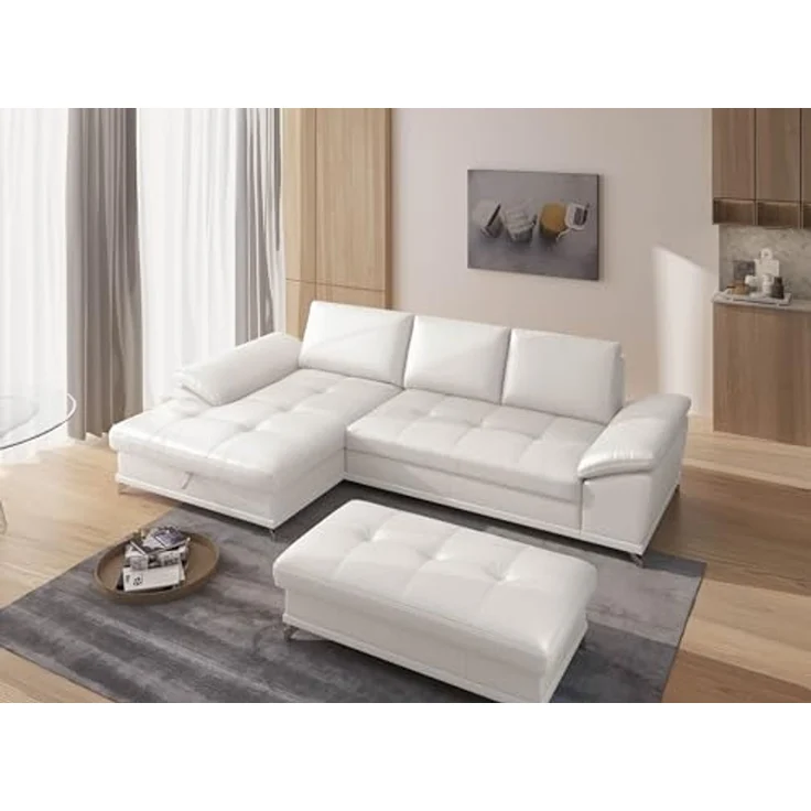 Cavadore Eckcouch Castiel mit Federkern / Ecksofa mit großem Longchair, Sitztiefenverstellung und mattschwarzen Metallfüßen / 301 x 89 x 176 / Echtleder, Weiß – Bild 2