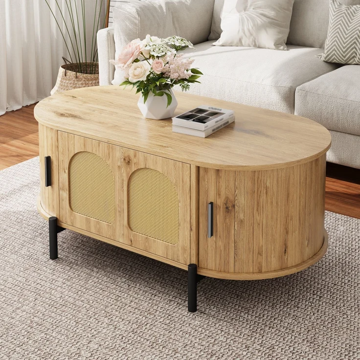 Couchtisch oval B 100 x T 50 x H 40 cm, MDF in Naturfarbe mit Rattan-Türen und Metallbeinen – Bild 1
