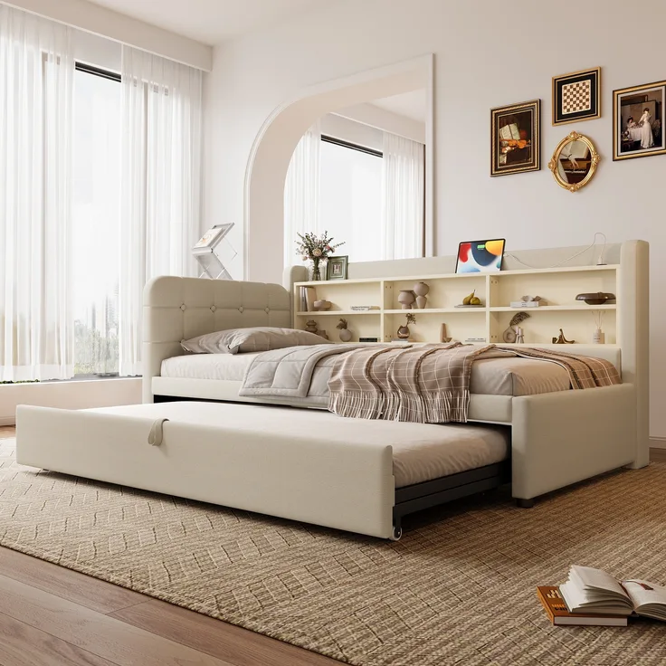Daybett, Multifunktionales Ausziehbett-Design, USB + Typ C, mehrere Ablageflächen, Bett mit Lattenrost (ohne Matratze), Leinen, Beige, 90×200 cm