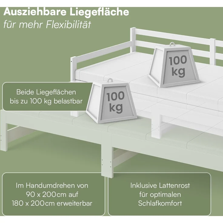 Bellamio 'Ayr' Tagesbett inkl. Lattenrost, 90x200/180x200 cm, Massivholz Kiefer, weiß, mit ausziehbarem Gästebett – Bild 4