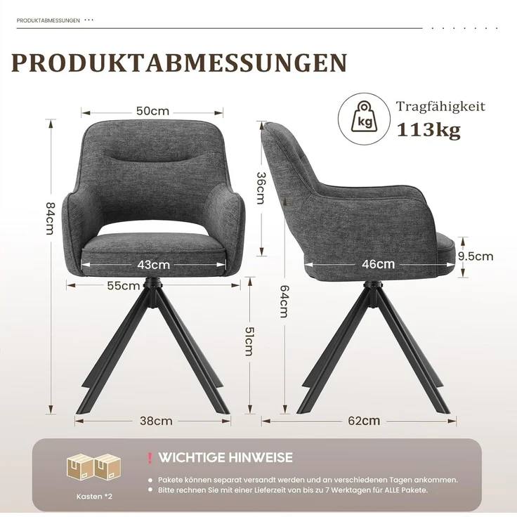 COLAMY Drehbare Esszimmerstühle 4er Set mit Armlehnen, Drehbare Polsterstühle für Küche & Esszimmer aus weichem Florstoff mit Metallgestell und Rückenlehne, für Esszimmer, Küche, Büro,Grau – Bild 3