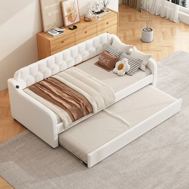 Schlafsofa 90x200 cm Tagesbett ausziehbar mit Rollbett,USB-Anschluss,mit Schlafgelegenheit, multifunktionales Gästebett,Beige – Bild 1