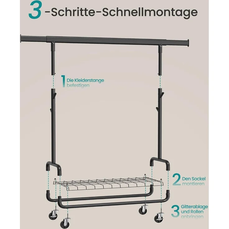 SONGMICS Kleiderständer, 1 ausziehbare Kleiderstange, verstellbare Höhe – Bild 6