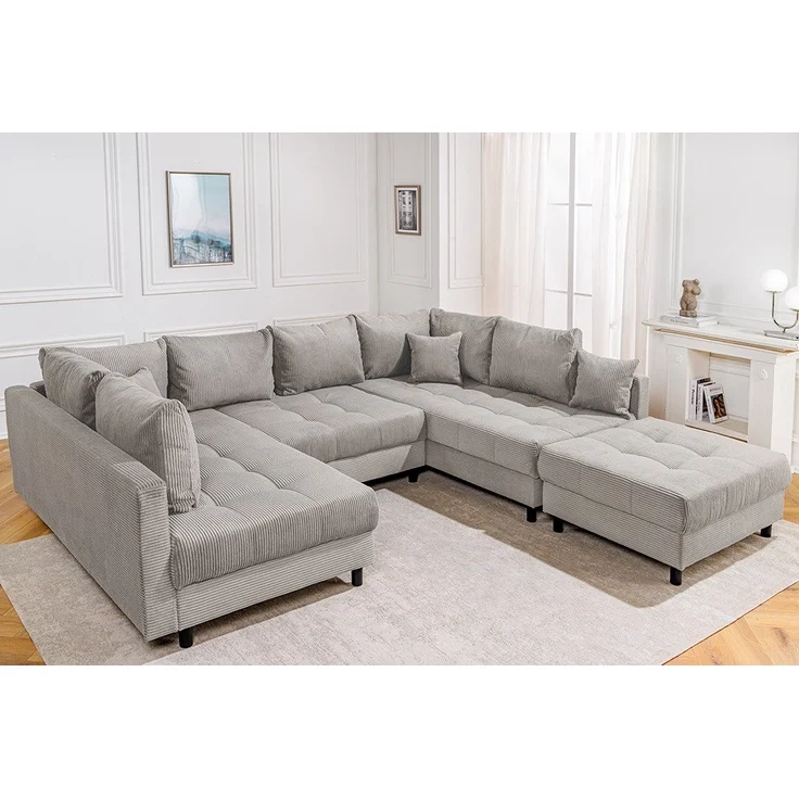 riess-ambiente Wohnlandschaft KENT 305cm greige / schwarz · inkl. Hocker · U-Form · XXL Couch, Einzelartikel 1 Teile, Ecksofa · Wohnzimmer · mit Federkern · Cord-Bezug · Modern Design – Bild 3