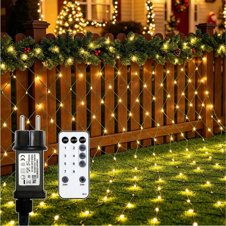 OZAVO LED-Lichternetz 3x2m,200 LED Lichterkette Außen mit Fernbedienung & Timer & 8 Modi, 200-flammig, Wasserdicht Lichternetz Innen für Büsche, Garten, Balkon und Zimmer – Bild 1