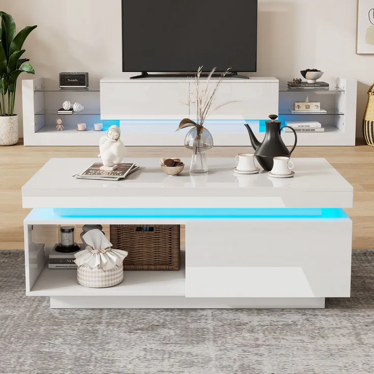 Merax TV-Wandschrank-Set, Weißes TV-Schrank + Weißes Couchtisch, Weißes Hochglanz-Wandschrank, Wohnzimmerset, Hochglanz-Set mit LED-Leuchten