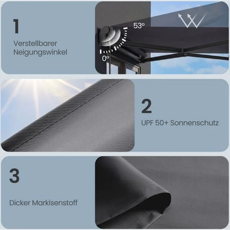 SONGMICS Gelenkarmmarkise, Handkurbel, UPF 50+, Aluminiumlegierung, 250 x 200 cm, grau – Bild 3