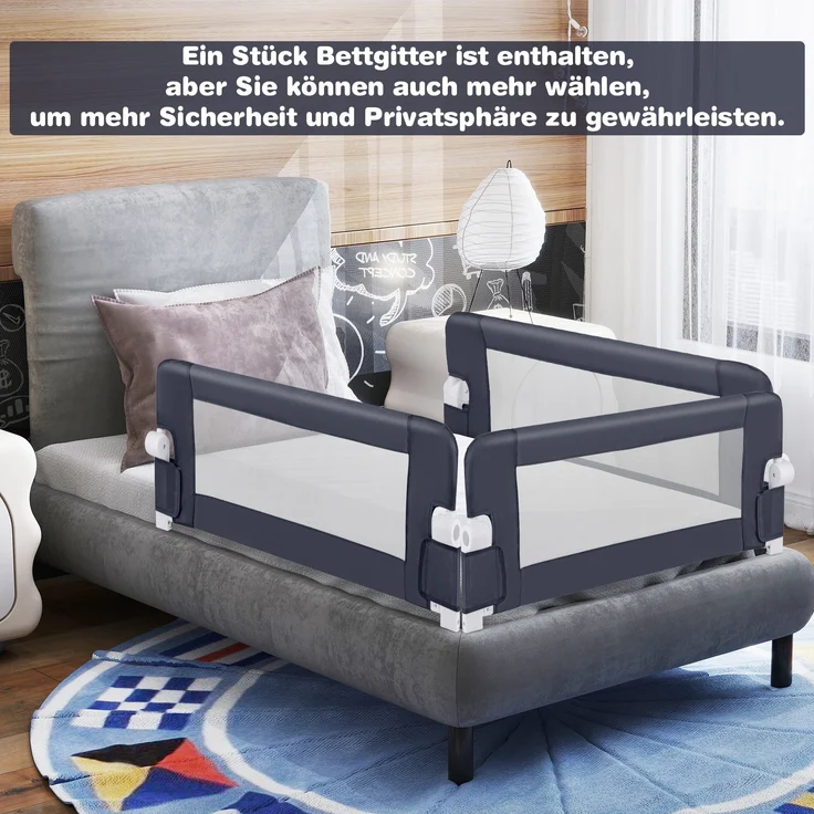 Bettgitter Sicherheitsgitter für Kleinkinder mit weichem Schaumstoff mit Gurt 105 x 40 x 42 cm Dunkelgrau – Bild 3