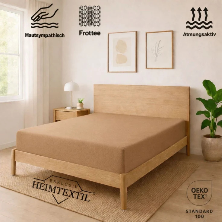 EXKLUSIV HEIMTEXTIL Frottee Spannbettlaken 180 - 200 x 200 cm Sand 80% Baumwolle 20% Polyester Öko - Tex Zertifiziert Bed-Sheet Bettlaken Spannbetttuch Topper Leinentuch – Bild 2