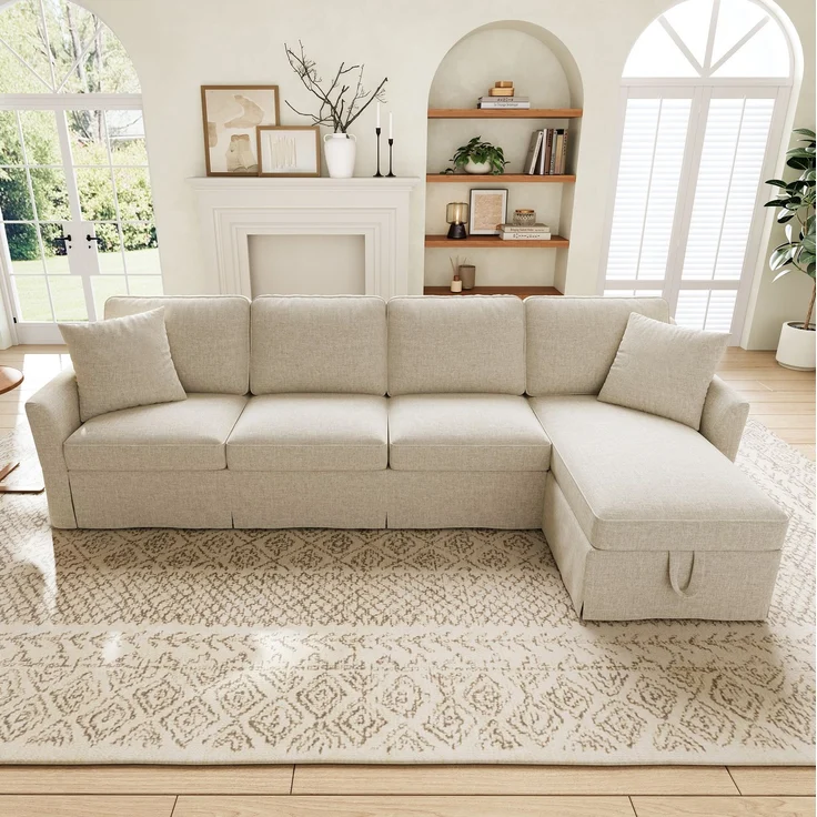 DESVIAE Sofa L-Form Beige aus Leinenoptik – 274x83x128,5 cm – Stauraum, abnehmbare Bezüge – Bild 2