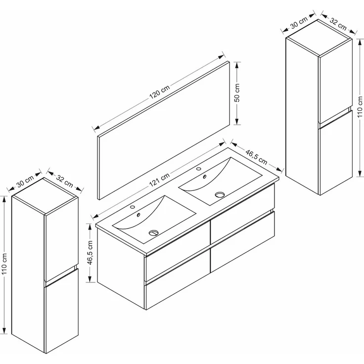 Homeline Badmöbel Set mit Schubladen Glas ablage (Marcel Schwarz, 120 cm Doppelbecken ohne Hochschrank) – Bild 5