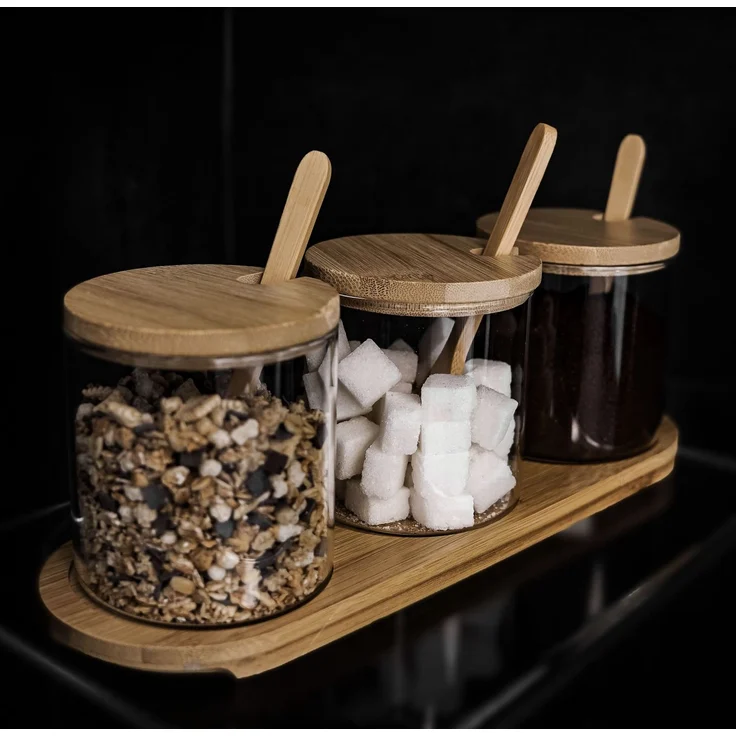 Praktische Vorratsbehälter aus Glas mit Holzplatte, Holzdeckel & Holzlöffel – Bild 4