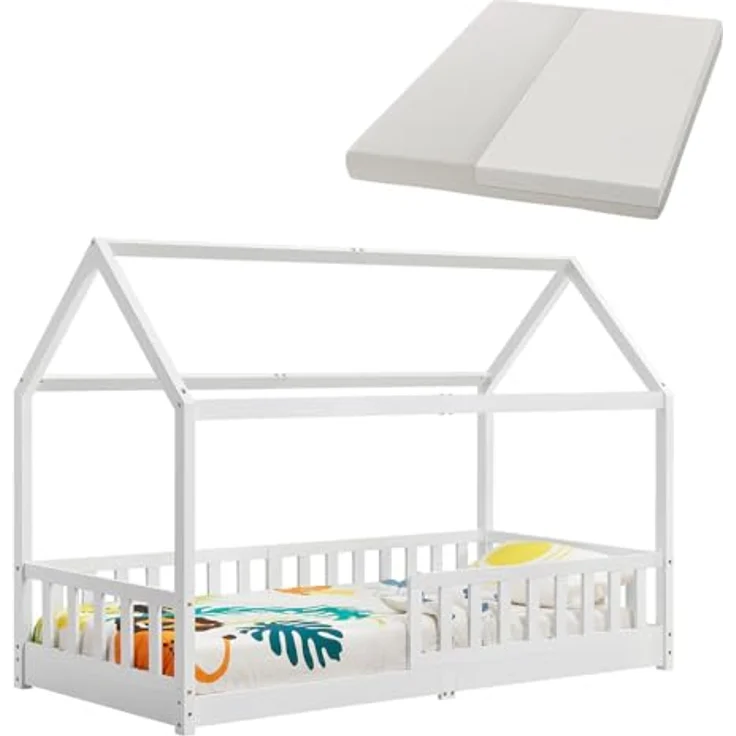 Juskys Kinderbett Marli 90 x 200 cm mit Matratze, Rausfallschutz, Lattenrost & Dach - Massivholz Hausbett für Kinder - Bett in Weiß – Bild 2