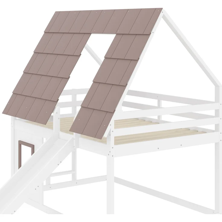 Holzhaus-Etagenbett 140x200 cm mit Dach, Leiter und Rutsche, Haus-Design, Weiß+Braun – Bild 7