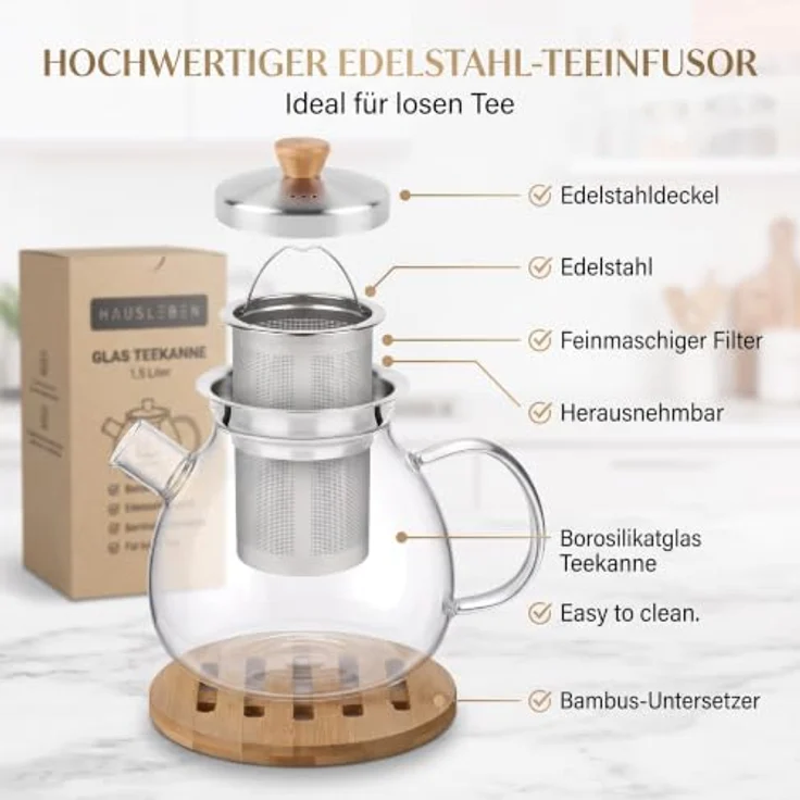 hausleben Teekanne Glas mit Edelstahl-Sieb Untertelle 1,5 Liter, (1-St), Bambus Unterteller Tropffrei, Hitzebeständig, Spülmaschinenfest – Bild 7