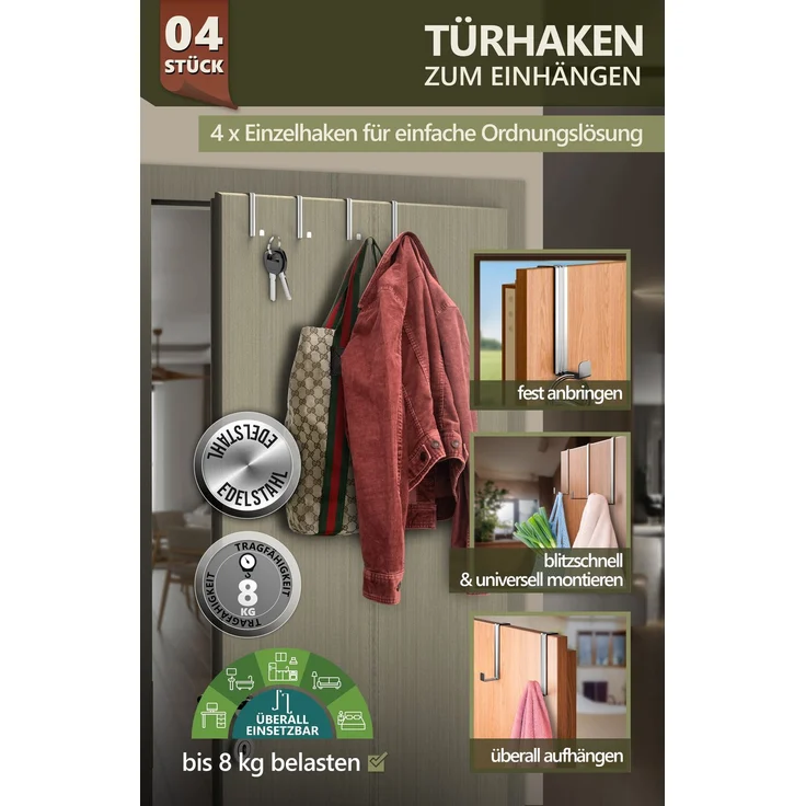 Aurelia Home Türhaken zum Einhängen, 4er-Set, Silber – für Türen und Schranktüren, bis 8 kg – Bild 2