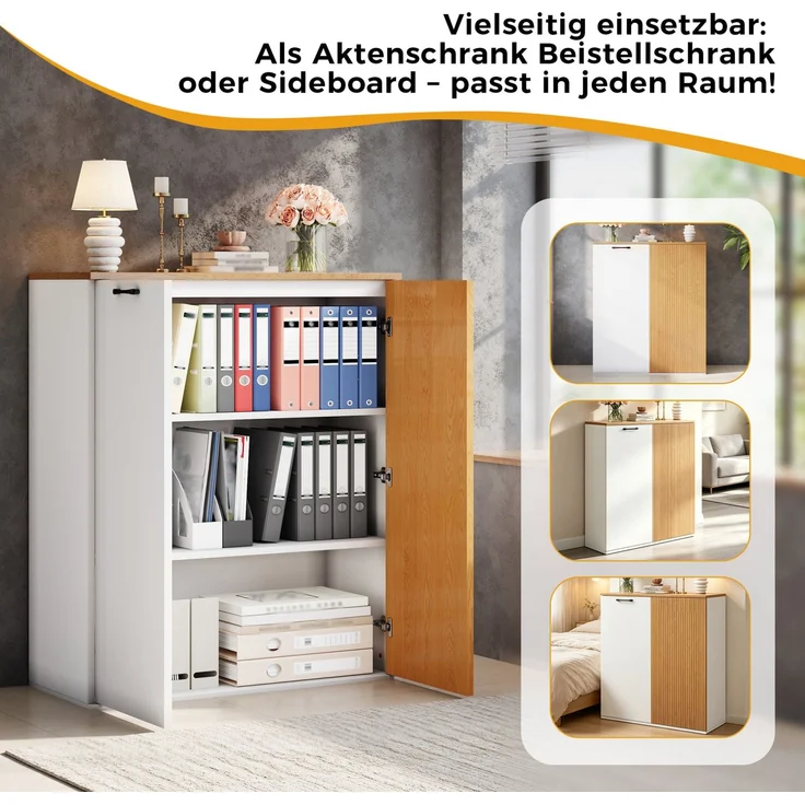 Aktenschrank aus MDF mit Lamellenfront & Soft-Close, 80x40x110 cm, Weiß/Eiche – Bild 9