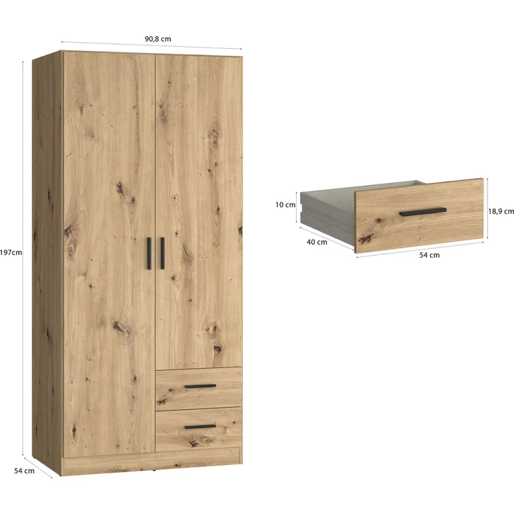 Forte JOAKIM Kleiderschrank 90, Skandi-Stil Schrank, 2-türig, 2 Schubladen, Einlegeböden, Kleiderstange, Holzwerkstoff, Artisan Eiche Holzdekor, 90,8 cm breit x 197 cm hoch x 54 cm tief – Bild 6