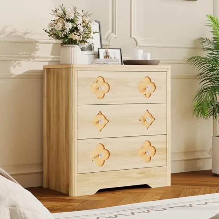 GarveeHome Kommode Mit 3 Schubladen, Nachttisch Mit Durchbrochenem Muster Und Kristallknauf, Dekorativer Beistelltisch Mit 220 kg Tragkraft, Für Wohnzimmer Und Schlafzimmer, 80 x 40 x 77 cm