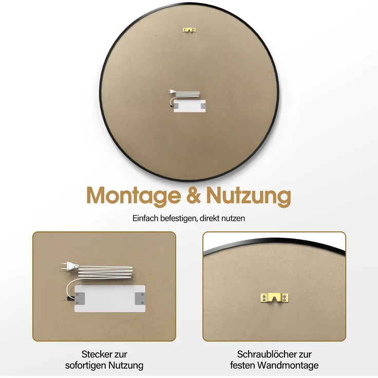 BarberPub Wandspiegel mit Beleuchtung, Badspiegel mit Aluminiumrahmen, Runder Spiegel mit Touch-Schalter, 3 Lichtfarben Dimmbar, Badezimmerspiegel für Friseursalon, Spa, 83x83 cm, J6236 (Schwarz) – Bild 6