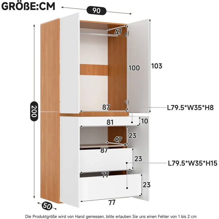 Merax Kleiderschrank mit Schmuckschublade, 90 x 50 x 200 cm, Weiß in Eichenoptik, 4 Türen, 1 Kleiderstange und 3 Schubladen – Bild 4