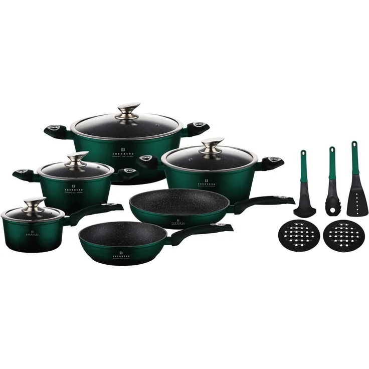 Edenberg Topf-Set Wunderschönes dunkelgrünes Topfset mit Kasserolle, Pfannen, Aluminiumguss, Keramik, Edelstahl (Schöne Töpfe mit einzigartigem Design, 15-tlg, Zeitloses Design des Topfsets. Eine ideale Geschenkidee! Hochwertig)