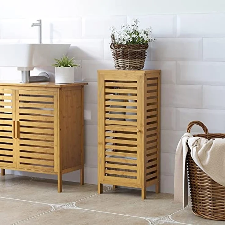 Kleankin Badkommode Badezimmerschrank mit Lamellentür 2 Fächern (Aufbewahrungsschrank, 1 St, Toilettenschrank), Natur, 30 x 19,9 x 70 cm – Bild 7