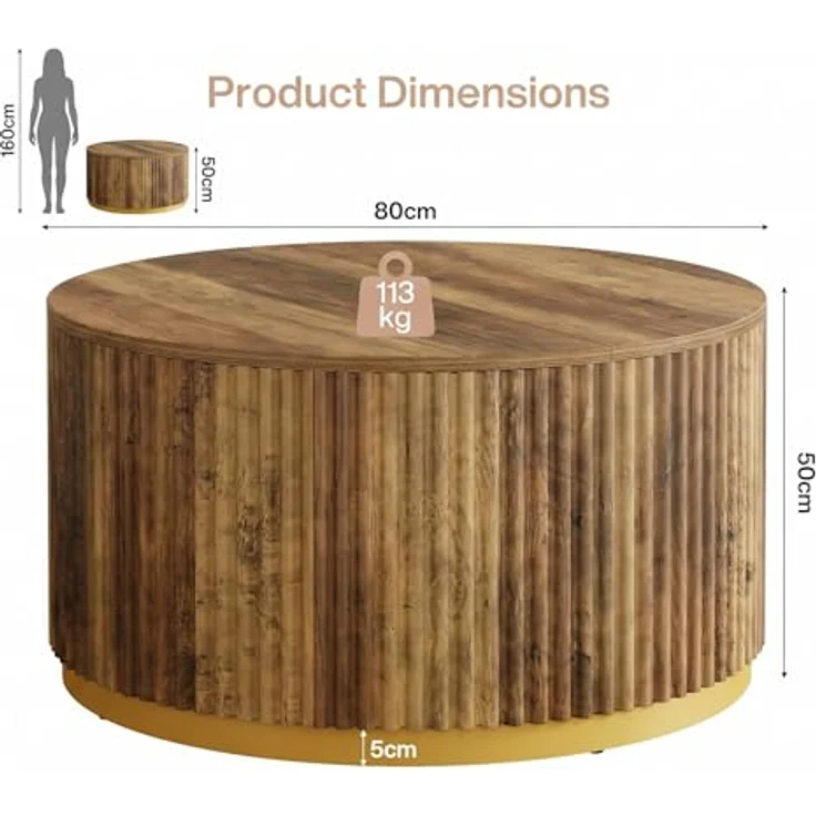 LITTLE TREE Runder Couchtisch, Gerilltes Holz mit Goldenem Metallsockel, 80 cm Durchmesser, Rustikales Braun, Massivholz, Mid-Century Modern für Wohnzimmer – Bild 2