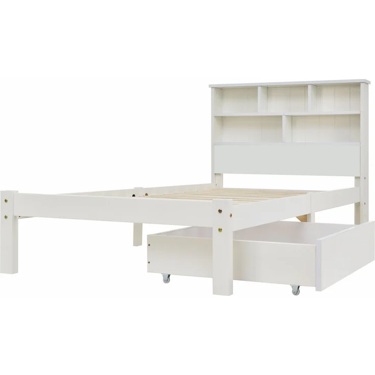Holzbett, Einzelbett inkl. Schublade und Lattenrost, Kopfteil mit Regal, 90x200 cm, Holzbett aus Kiefer, Jugendbett – Bild 6