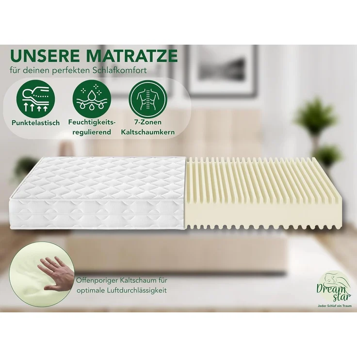 DREAMSTAR Ergo Flex XXL Duo I orthopädische7-Zonen Kaltschaummatratze I 22 cm hoch I Öko-Tex Zertifiziert I Härtegrad 3 und 4 I 140x200 cm – Bild 2