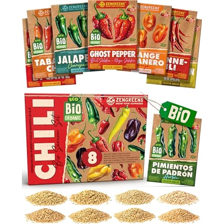 ZenGreens® - Bio Chilisamen im 8er Set - 8 Chili Samen für den einfachen Anbau im Garten, Balkon oder Hochbeet - Pflanzensamen - Saatgut - – Bild 1