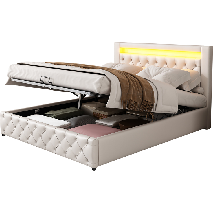 Lit rembourré 140 x 190 cm, entièrement fonctionnel, avec un sommier à lattes et un espace de rangement, rangement hydraulique, éclairage LED, blanc, matériau PU. – Bild 9