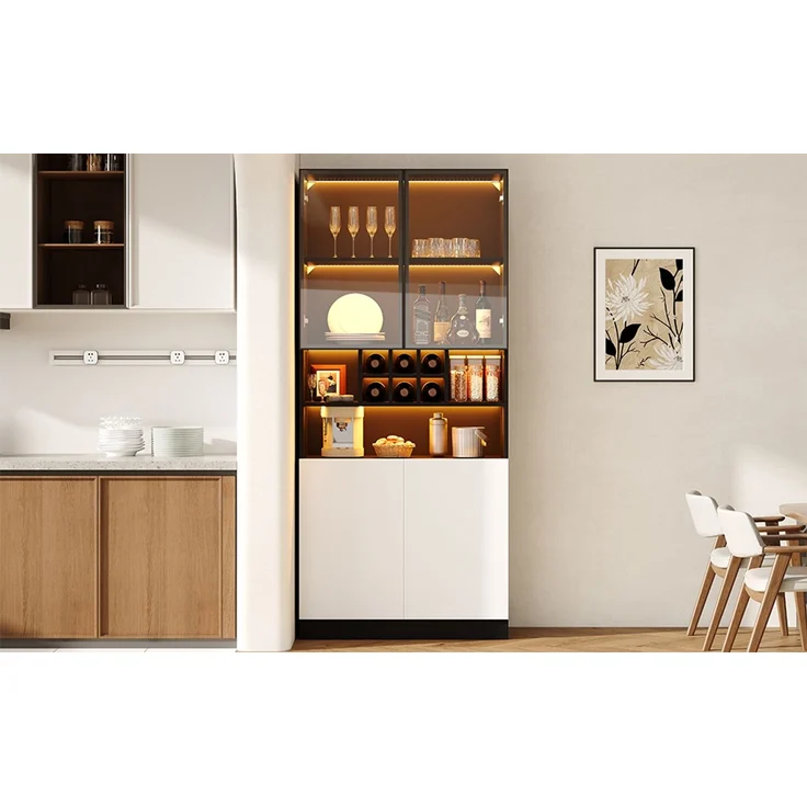 ZUBALIYA LED-Beleuchteter Glasvitrinenschrank, Küchenhochschrank 80×30×180 cm – Gehärtetes Glas, mit offenen Regalen, Platz für Flaschen und Geschirr, 2 Türen. Vielseitig geeignet für Wohnzimmer und Esszimmer – Bild 11