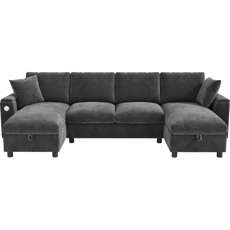Chenille-U-Sofa mit 2 Stauraum-Chaiselongues, USB und USB-C, gepolsterte modulare Wohnlandschaft 279 cm mit Taschenfederkern, Grau – Bild 19