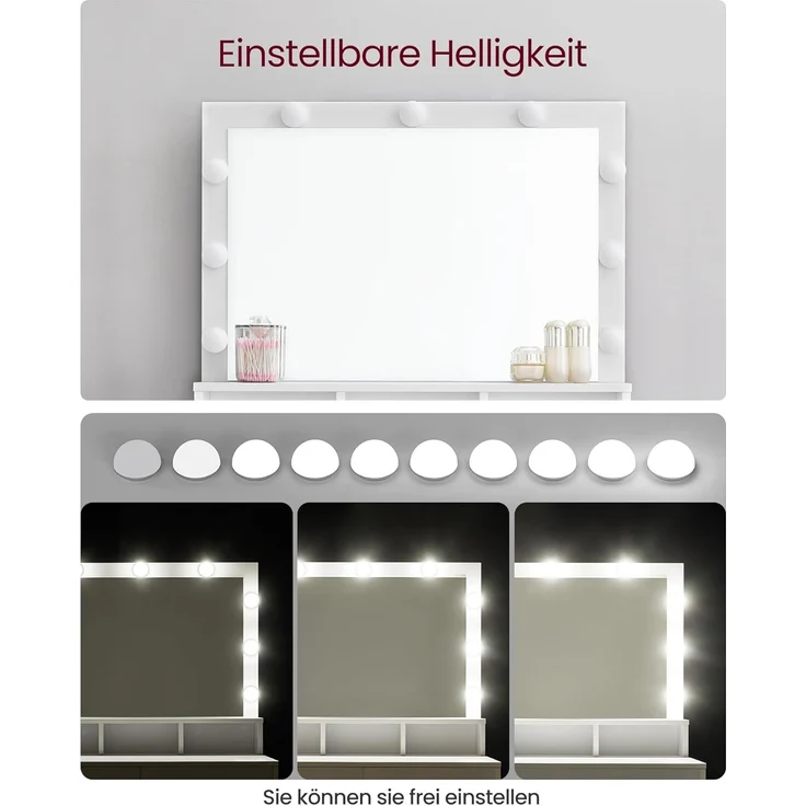 VASAGLE Schminktisch, mit LED-Beleuchtung, einstellbare Helligkeit, Frisiertisch mit Spiegel, Hocker, Kosmetiktisch mit 2 Schubladen und 3 offenen Fächern, modern, wolkenweiß und pastellrosa RDT720W01 – Bild 3