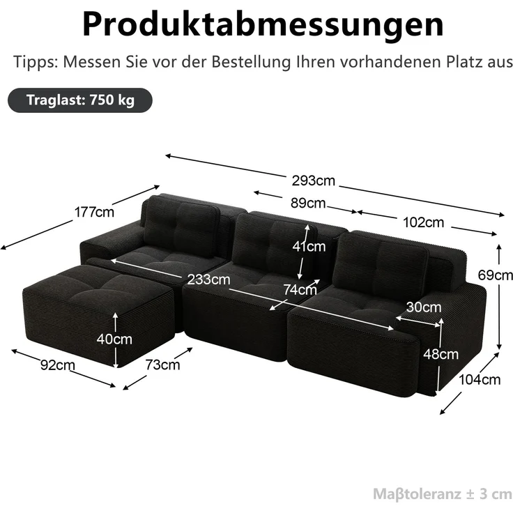 EINHOM Cloud Modulsofa Boneless L-förmiges Sofa, Modulares Sofa mit Ottoman, Modulares Cloud-Sofa, 3-Sitzer Corduroy-Cloud-Sofa für Wohnzimmer, Montagefreies Sofa, Schwarz – Bild 2