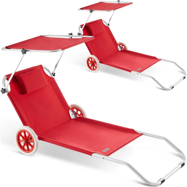 CASARIA® 2x Sonnenliege Klappbar mit Rädern & Sonnendach Rot